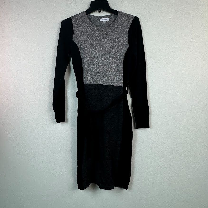 Calvin Klein Womens S Black Silver Belted Knee Length Sweater Dress Nwt Bn18
